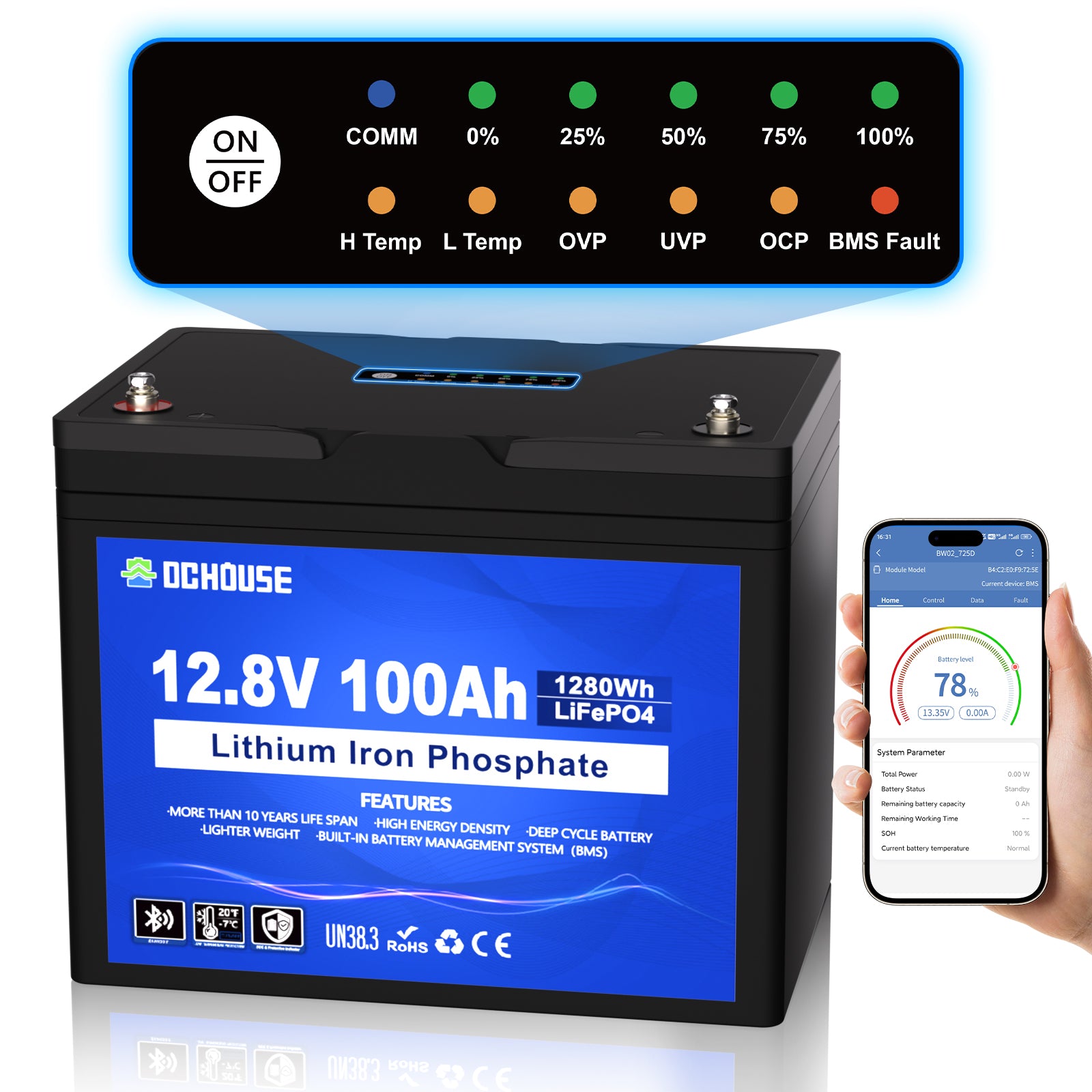 Batterie 12V 100Ah LiFePO4 avec SOC, Bluetooth et déconnexion à basse température