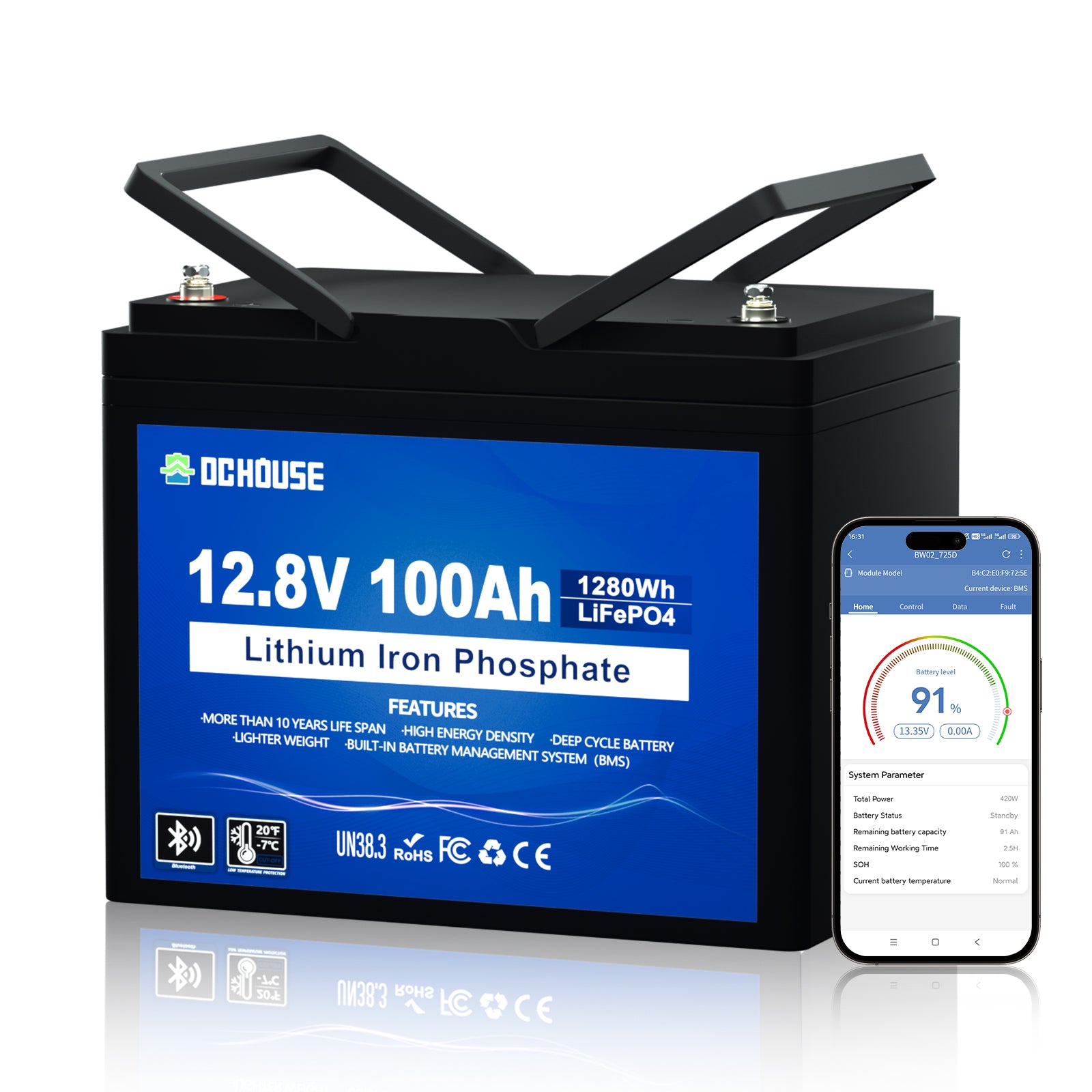 Batterie LiFePO4 12V 100Ah, Bluetooth, Protection contre Les Basses Températures