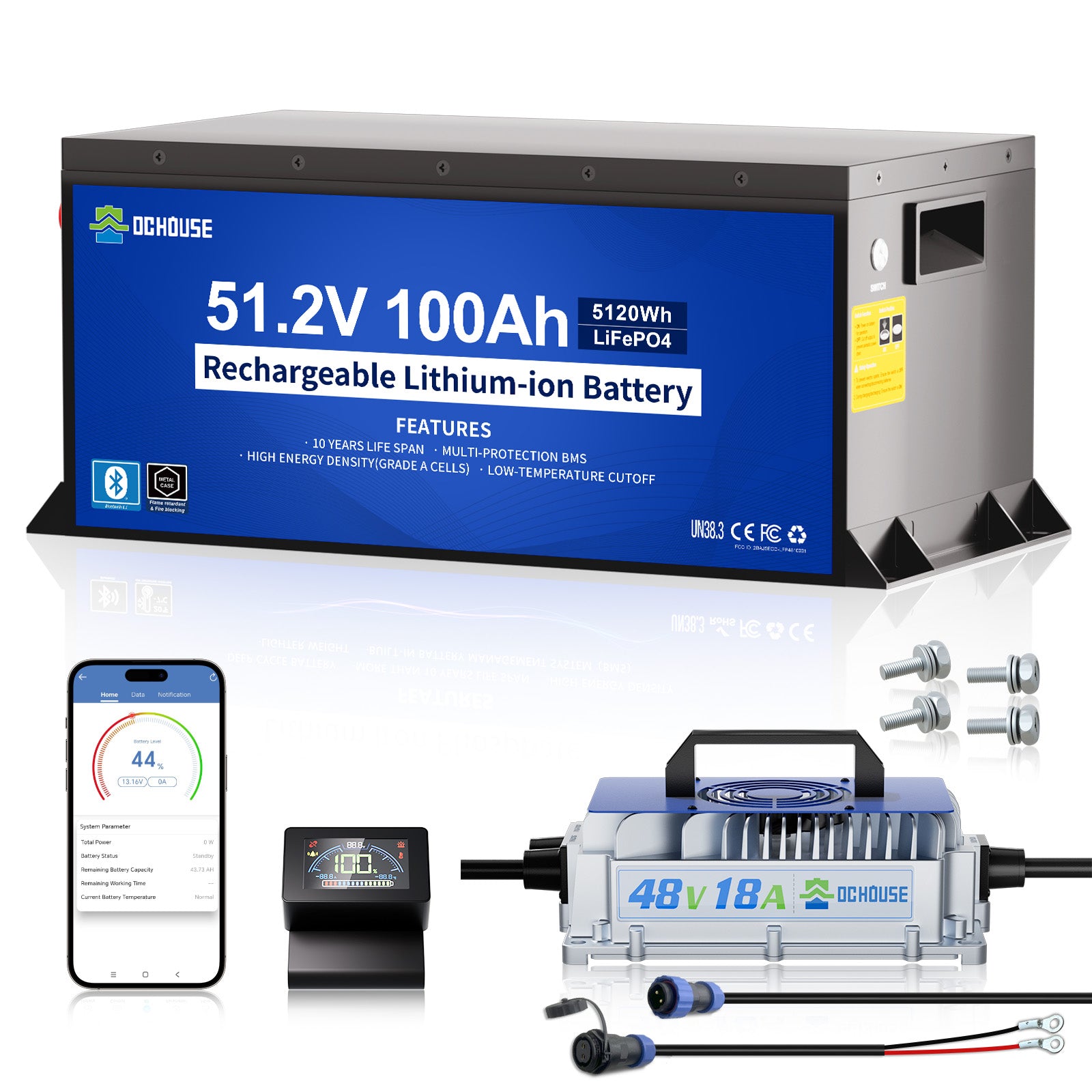 Batterie LiFePO4 48V 100Ah avec boîtier métallique, protection basse température, Bluetooth et chargeur inclus