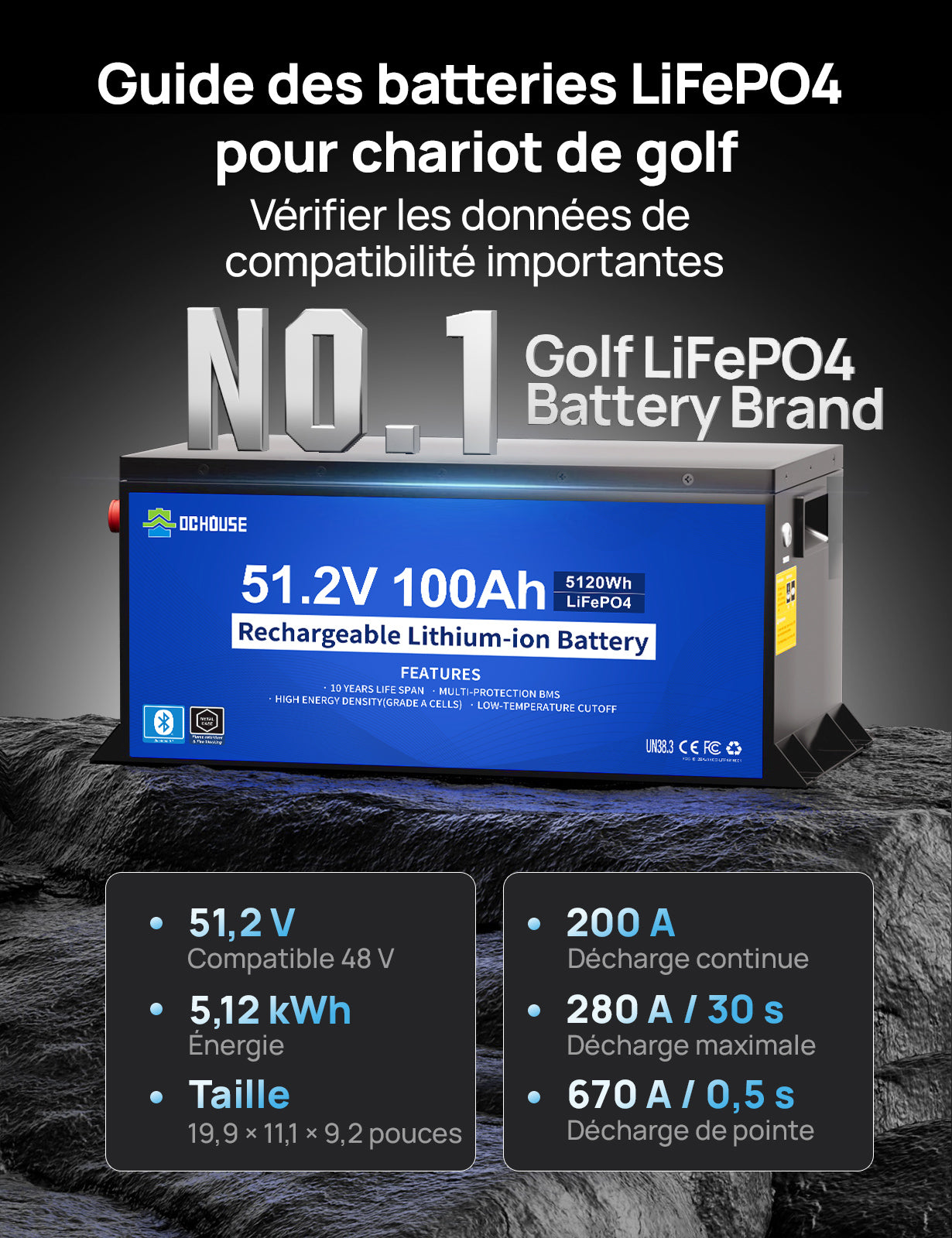 Batterie LiFePO4 48V 100Ah avec boîtier métallique, protection basse température et Bluetooth