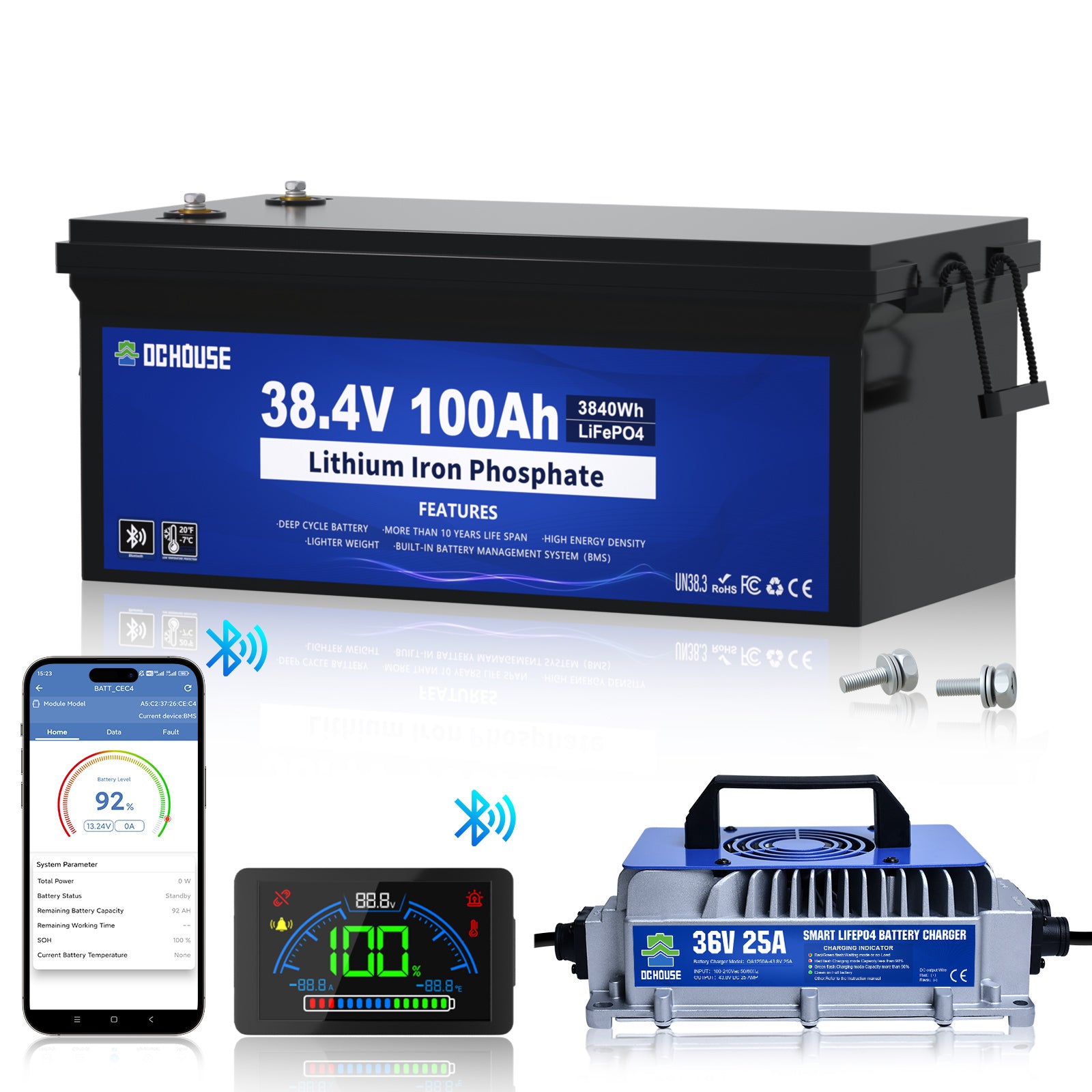 Batterie lithium 36V 100Ah avec protection basse température, Bluetooth et chargeur inclus