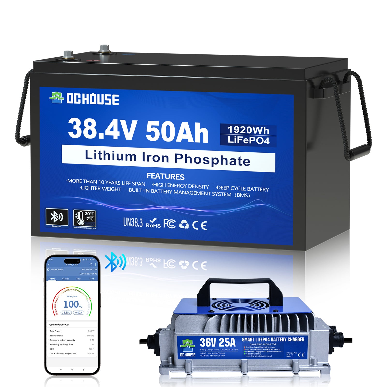 Batterie lithium 36V 50Ah avec protection basse température, Bluetooth et chargeur inclus