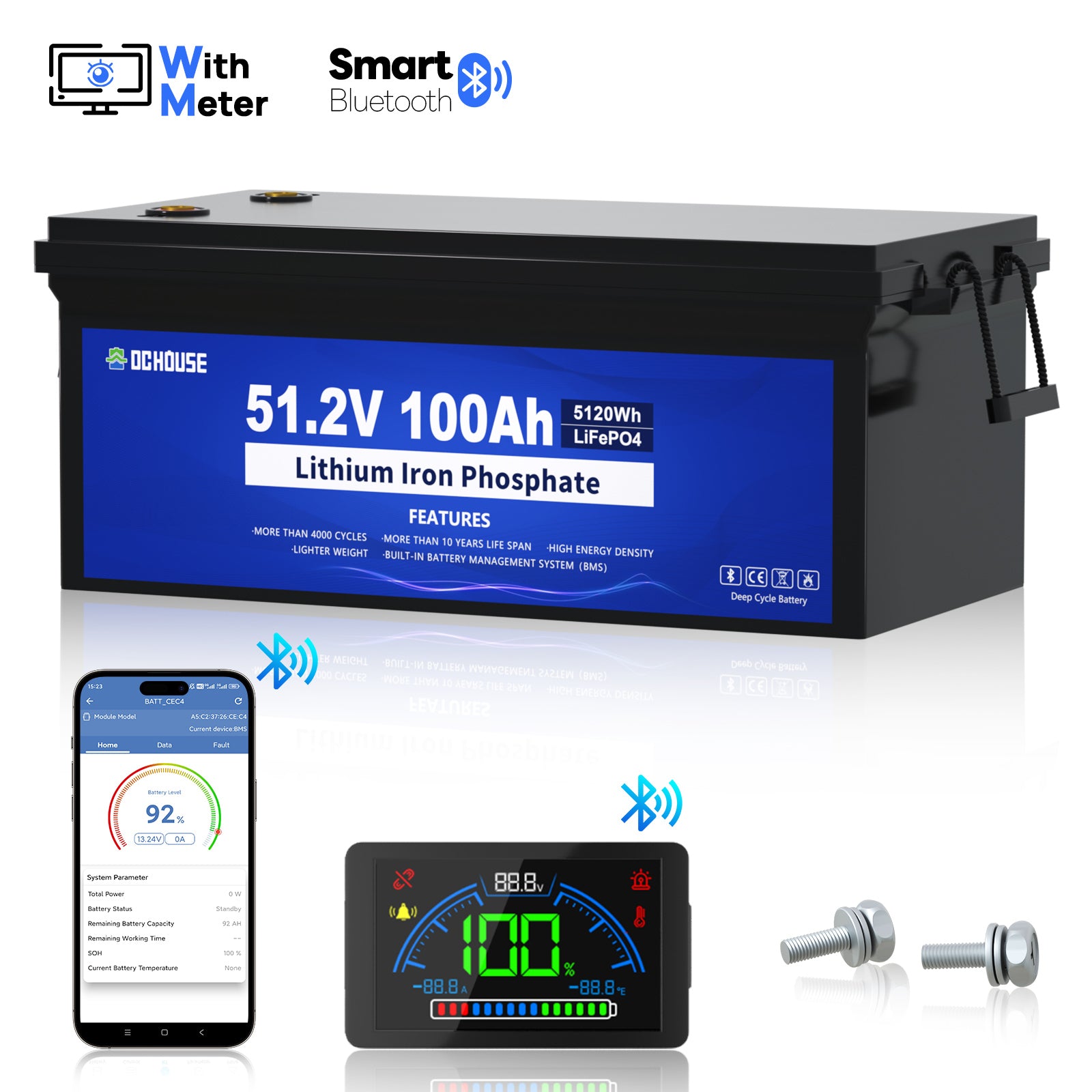 Batterie LiFePO4 48V 100Ah avec Bluetooth et écran, pour voiture de golf