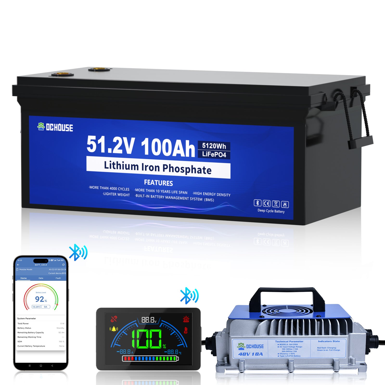 Batterie LiFePO4 48V 100Ah avec Bluetooth, écran et chargeur, pour voiture de golf