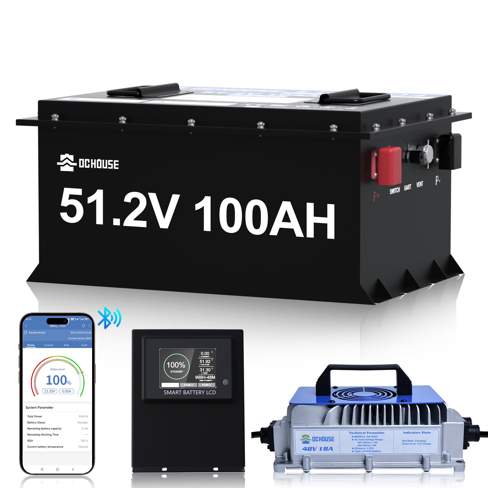 Batterie LiFePO4 48V 100Ah boîtier métal avec Bluetooth écran et chargeur pour voiturette de golf