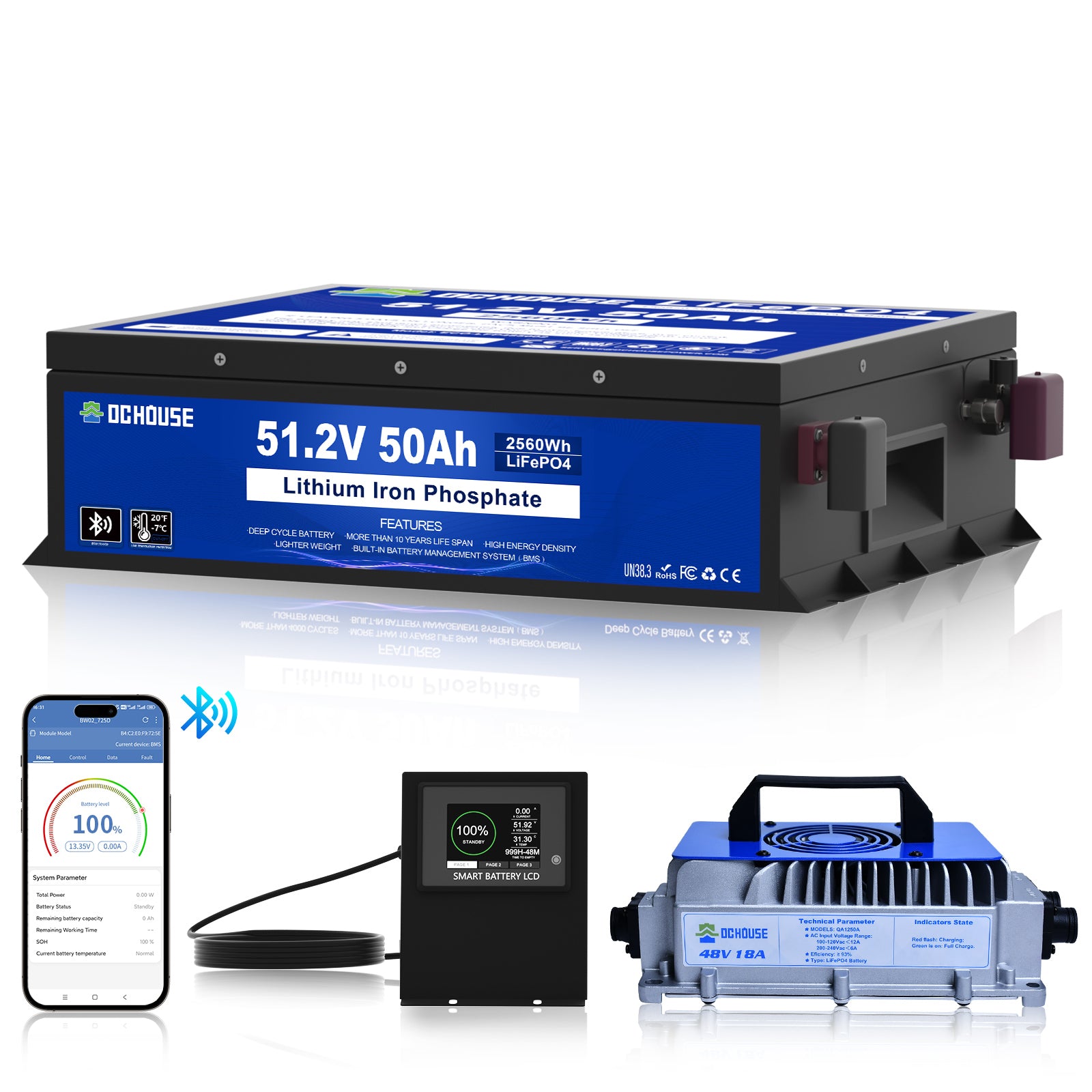 Batterie LiFePO4 48V 50Ah avec Bluetooth, écran et chargeur, pour voiture de golf