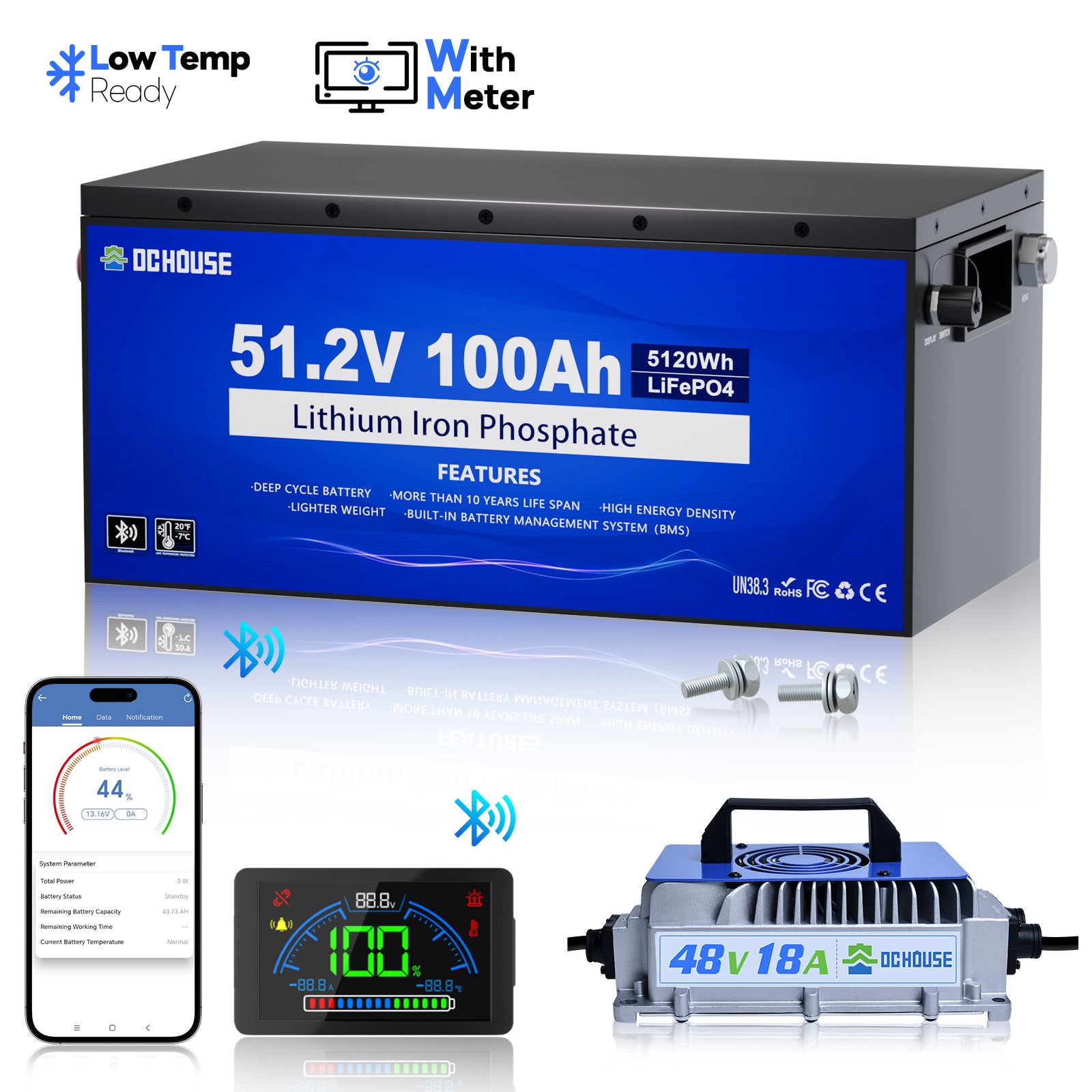 Batterie LiFePO4 48V 100Ah avec boîtier métallique, protection basse température, Bluetooth et chargeur inclus