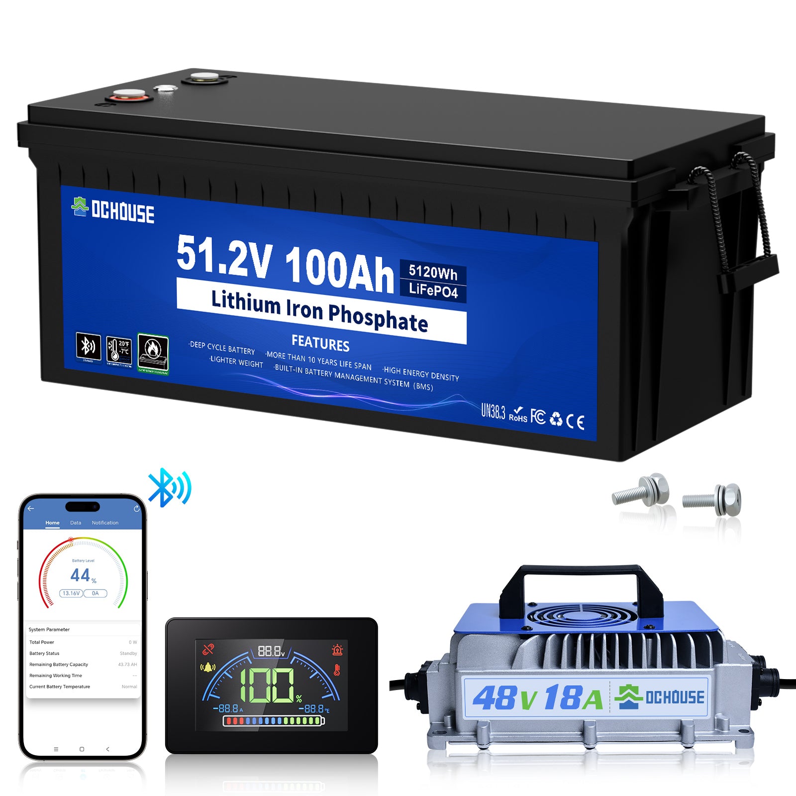 Batterie LiFePO4 48V 100Ah avec protection basse température, Bluetooth et chargeur inclus
