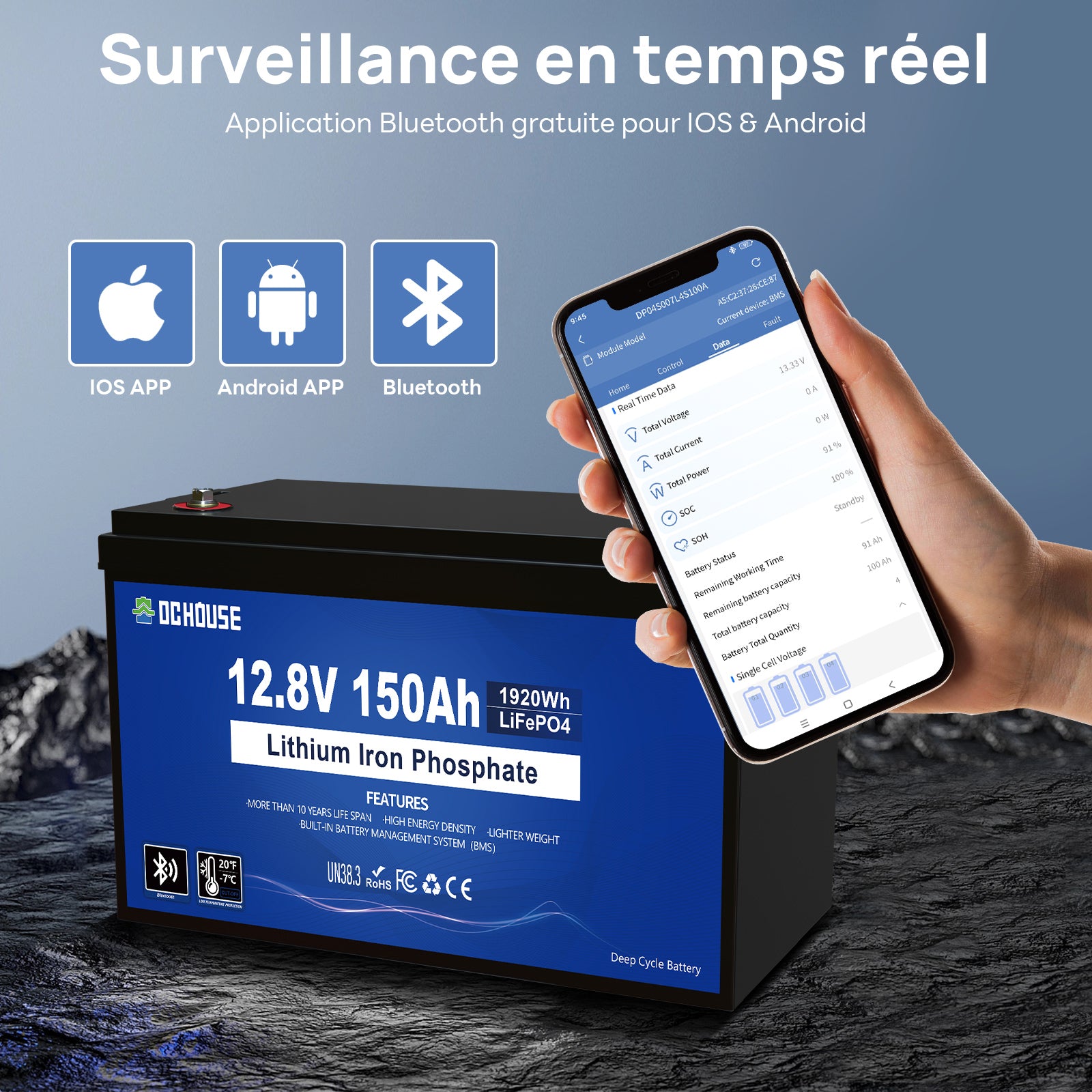 Batterie 12V 150Ah LiFePO4 - Protection contre les basses températures et fonction Bluetooth, idéale pour les camping-cars et les systèmes solaires