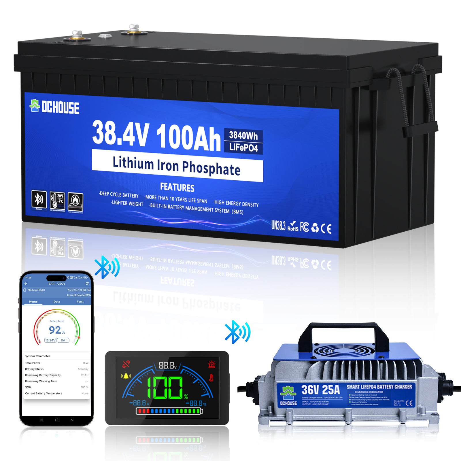 Batterie lithium 36V 100Ah 2.0 avec protection basse température, Bluetooth et chargeur inclus