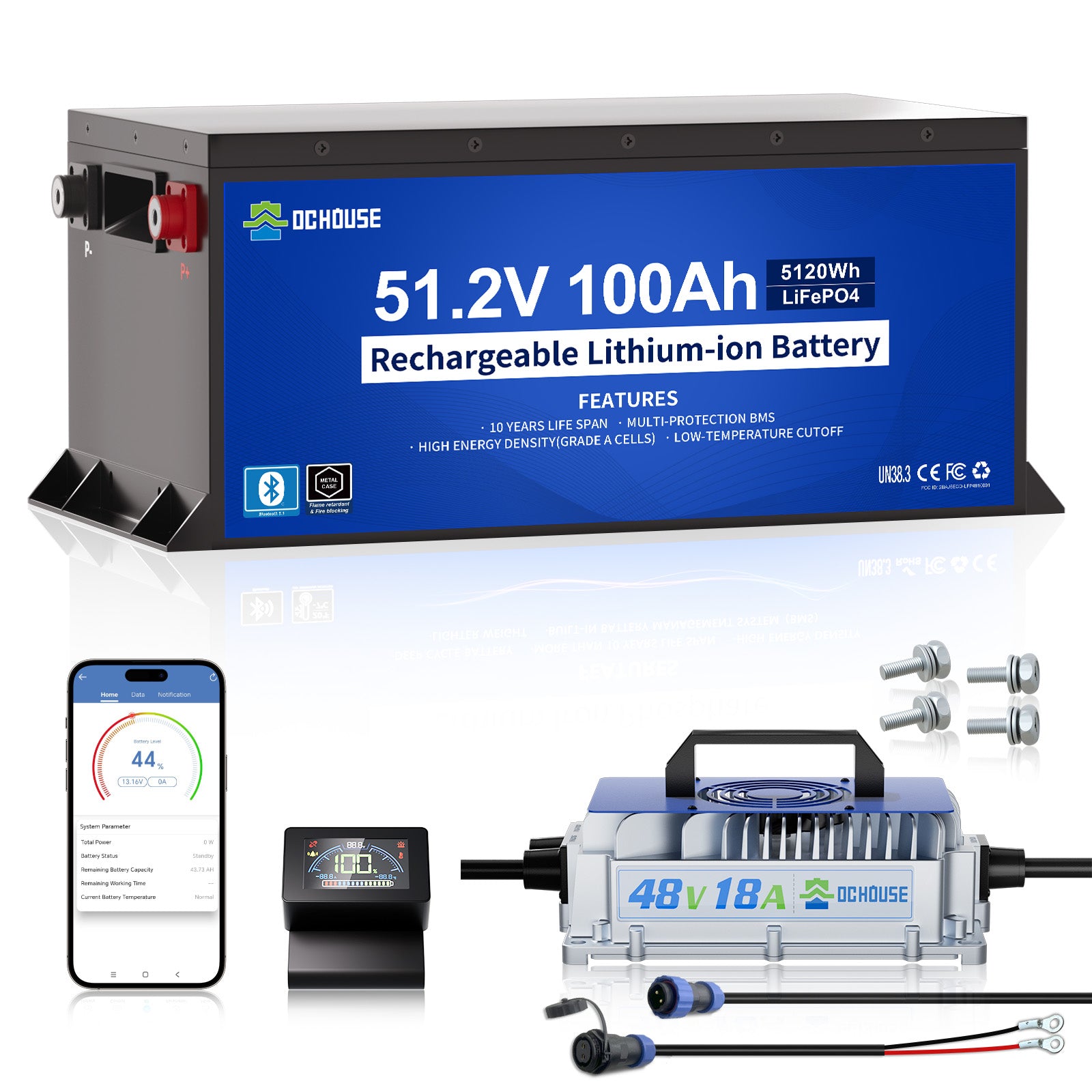 Batterie LiFePO4 48V 100Ah avec boîtier métallique, protection basse température, Bluetooth et chargeur inclus