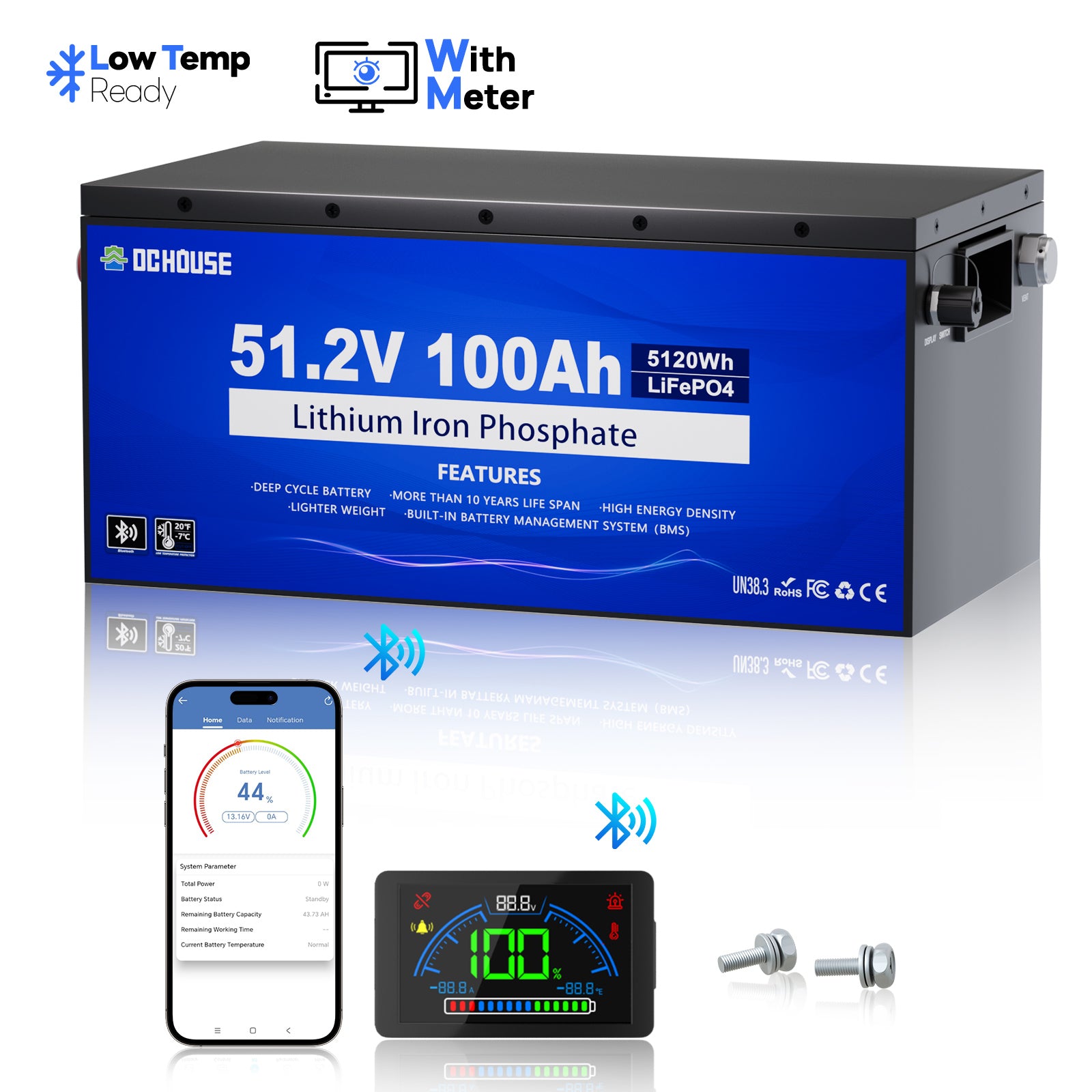 Batterie LiFePO4 48V 100Ah avec boîtier métallique, protection basse température et Bluetooth