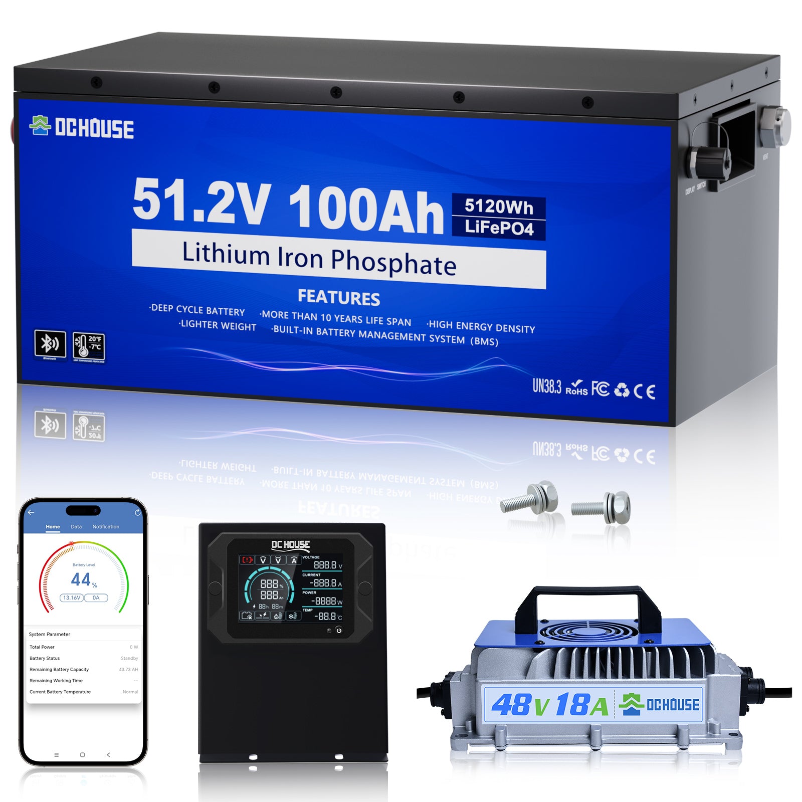 Batterie lithium LiFePO4 48V 100Ah avec boîtier métal pour voiturette de golf et chargeur