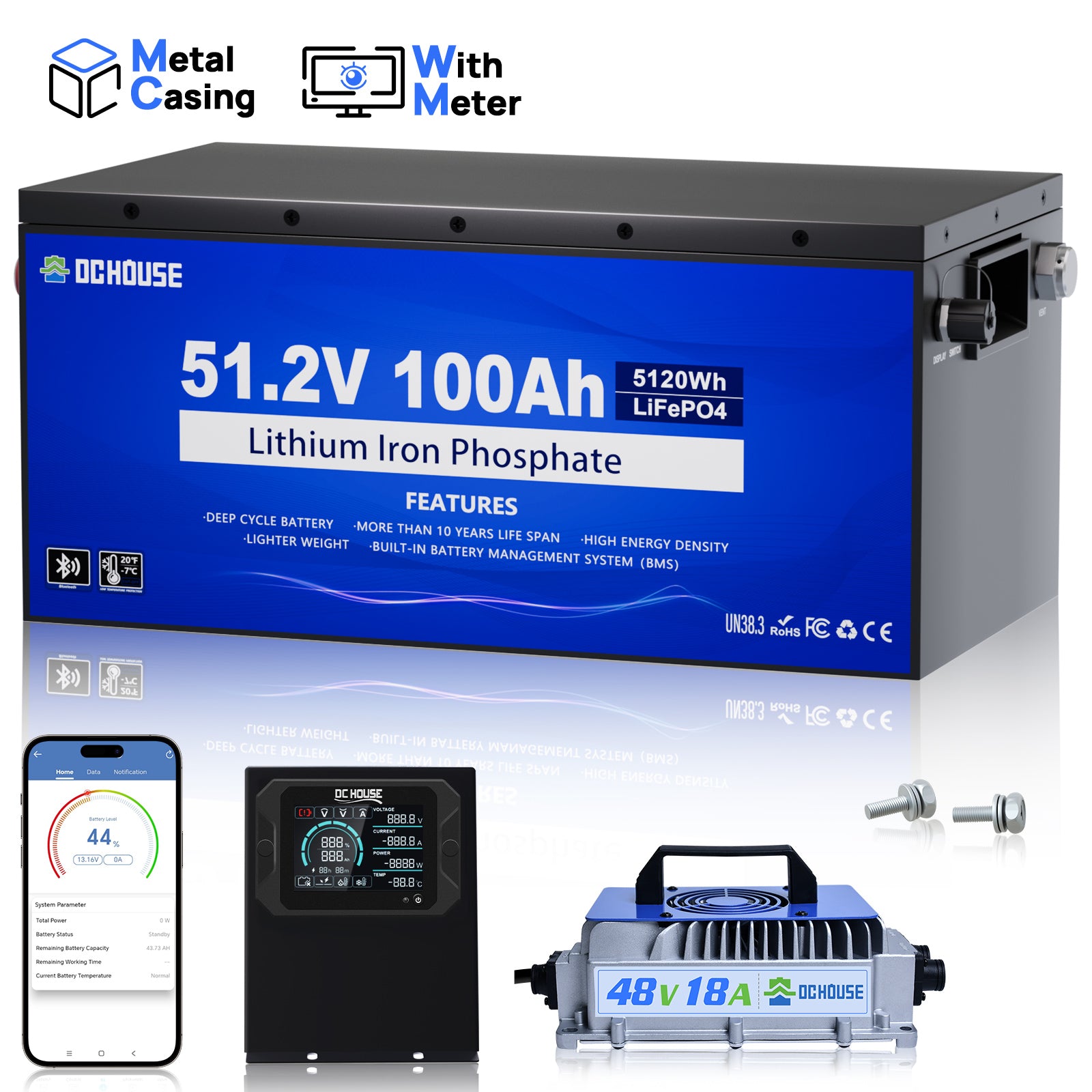 Batterie lithium LiFePO4 48V 100Ah avec boîtier métal pour voiturette de golf et chargeur