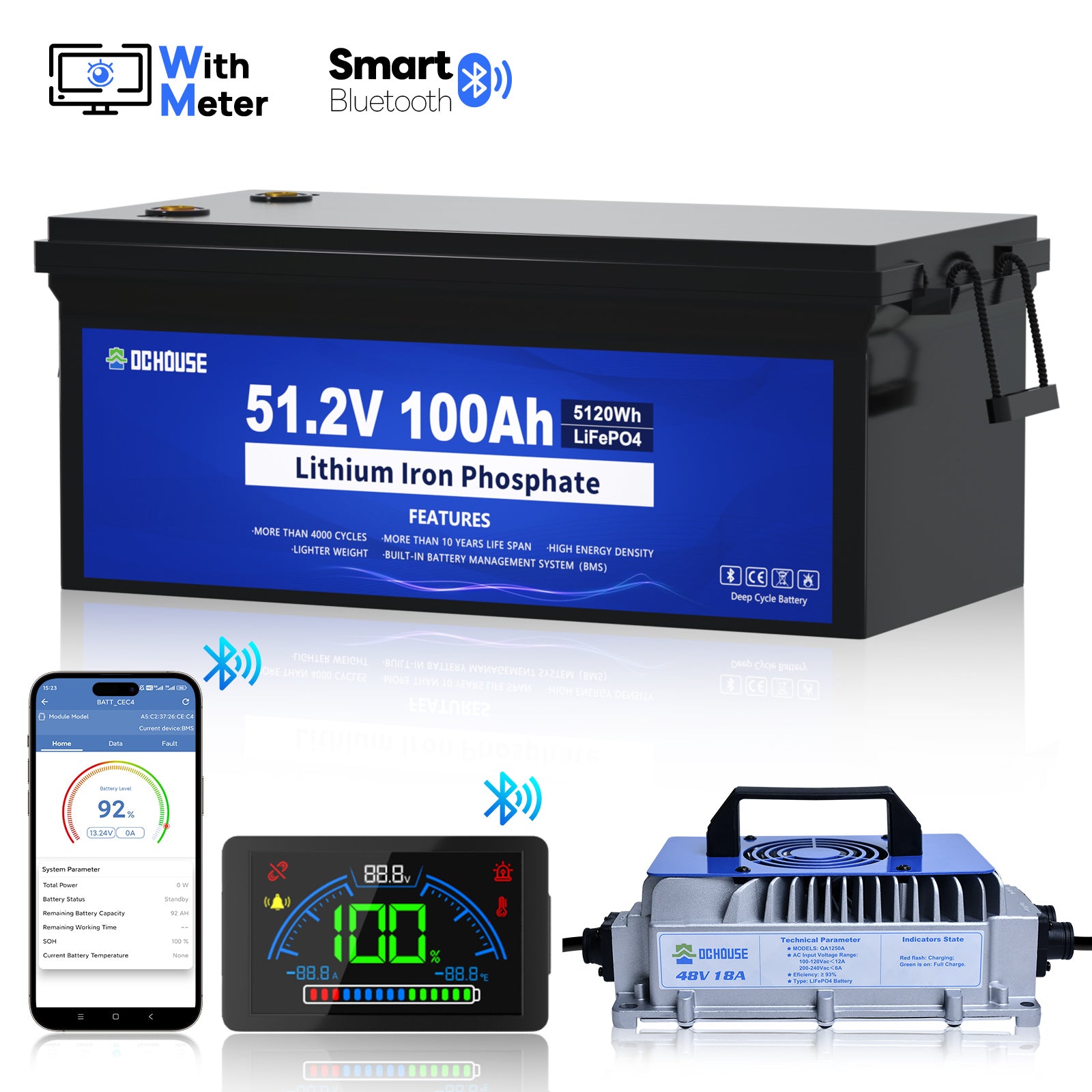 48V 100Ah LiFePO4  Bluetooth avec chargeur