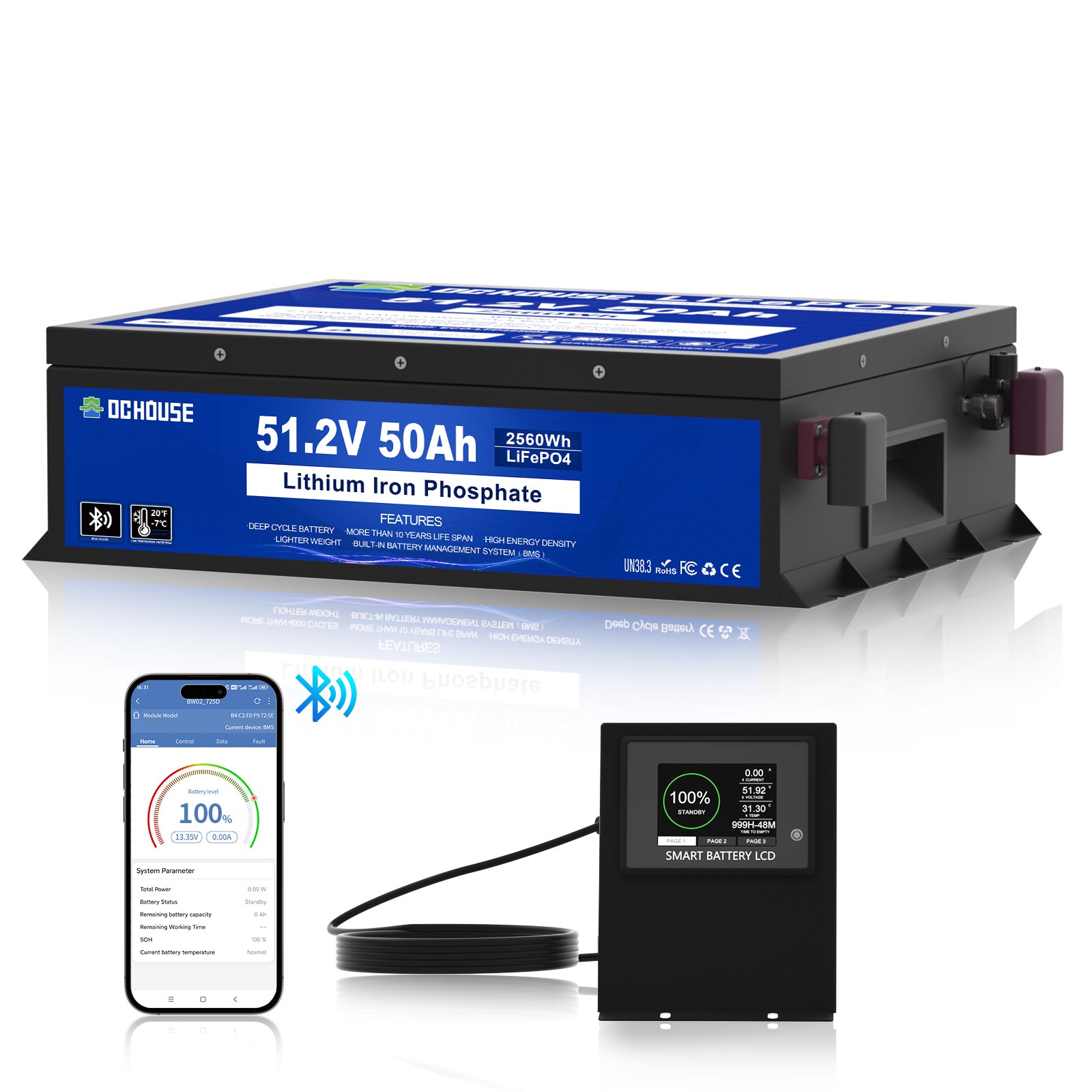 Batterie LiFePO4 48V 50Ah avec Bluetooth et écran, pour voiture de golf