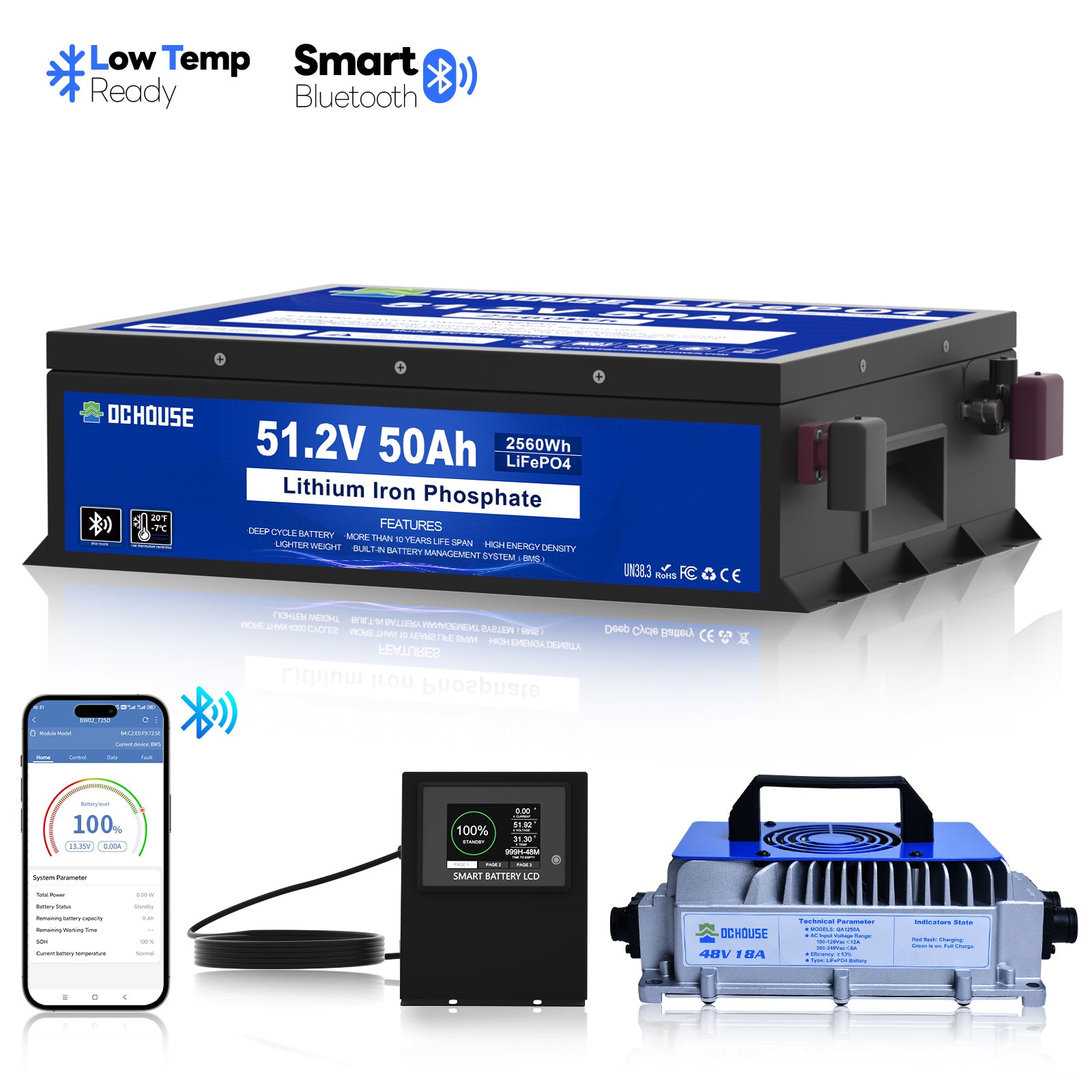 48V 50Ah LiFePO4  Bluetooth avec chargeur