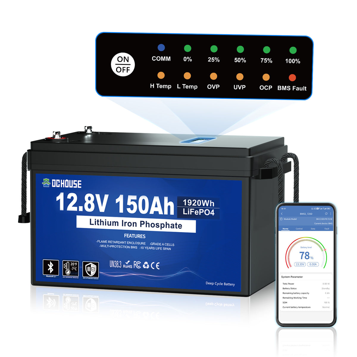 Batterie 12V 150Ah LiFePO4 avec SOC, Bluetooth et déconnexion à basse température