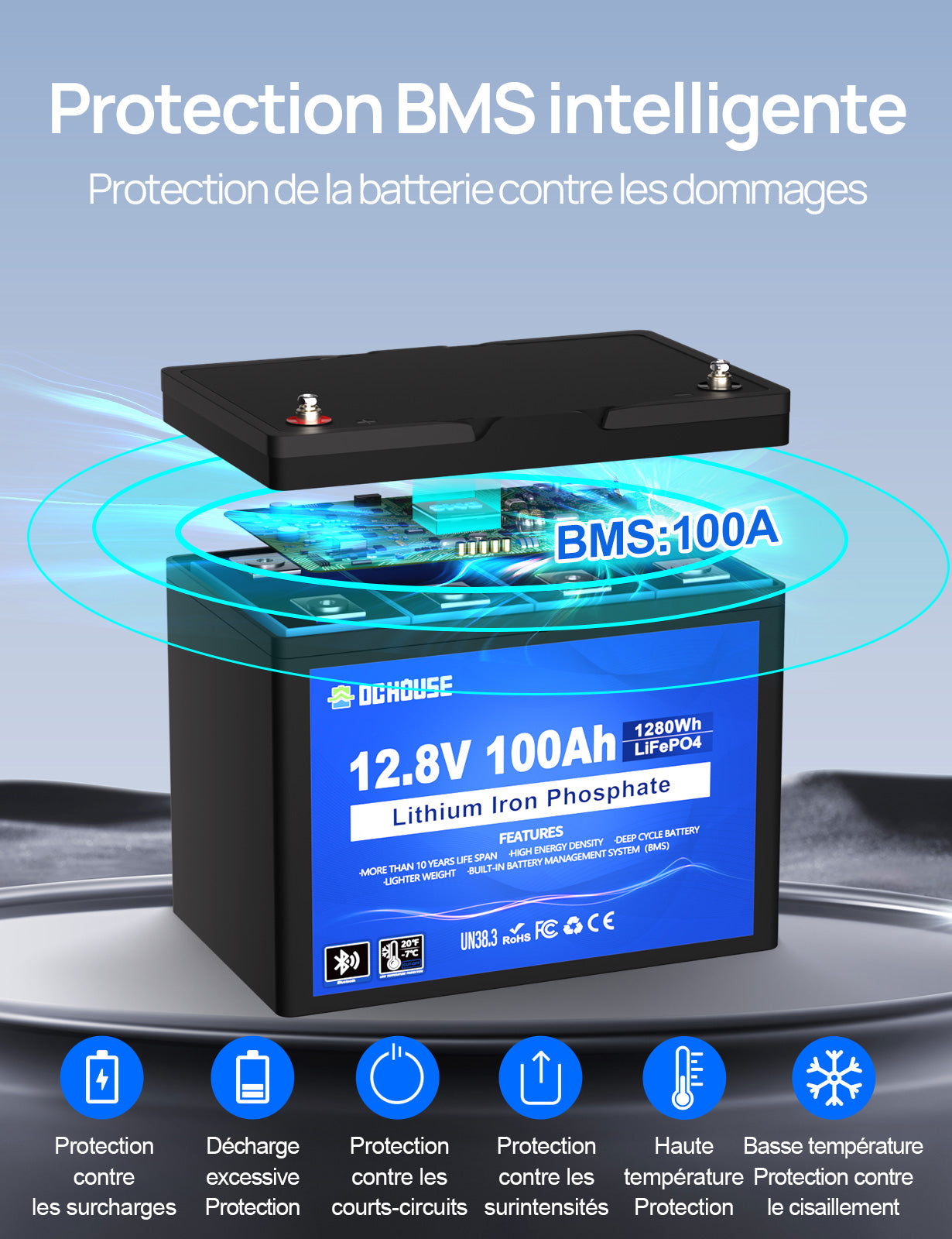 Batterie LiFePO4 12V 100Ah avec Bluetooth et Protection contre les Basses Températures