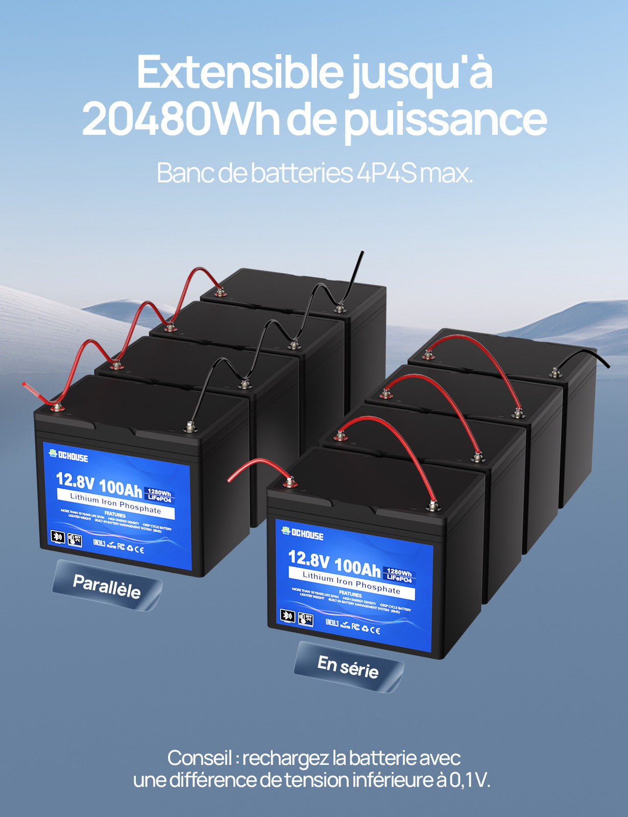 Batterie LiFePO4 12V 100Ah avec Bluetooth et Protection contre les Basses Températures