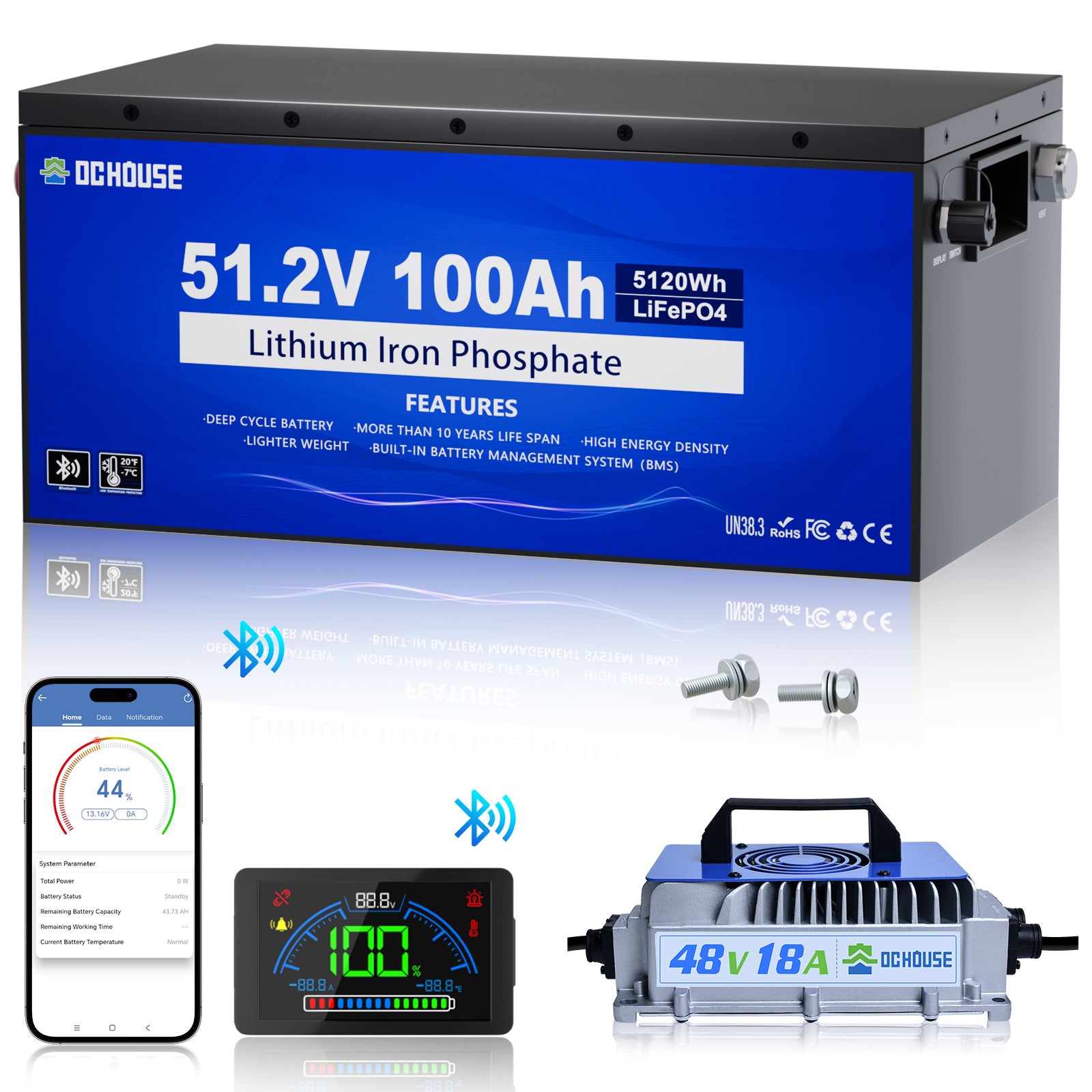 Batterie LiFePO4 48V 100Ah avec boîtier métallique, protection basse température, Bluetooth et chargeur inclus